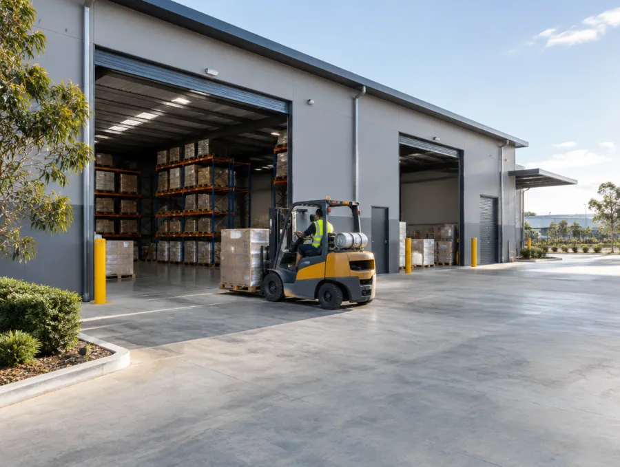 Industrial warehouse with a forklift moving pallets
