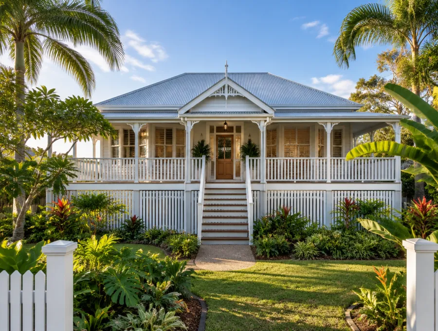Classic Queenslander house with a tropical garden