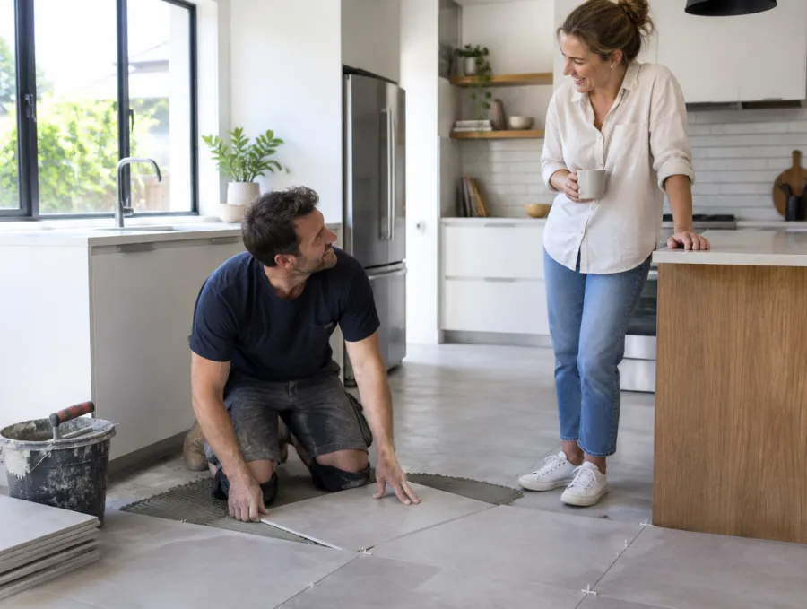 Tradesman tiling a kitchen while the homeowner chats