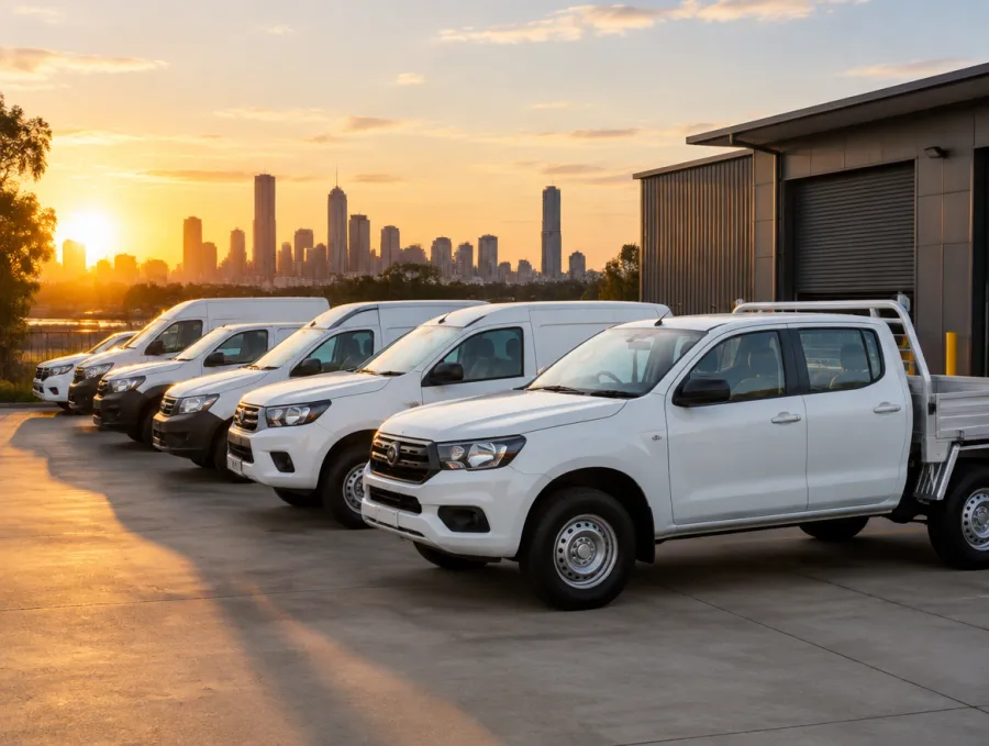 Row of white work utes and vans in a depot