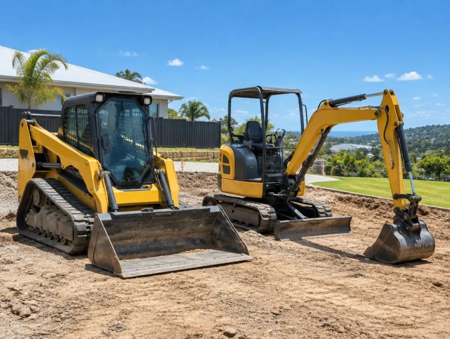 Compact loader and excavator on a building site