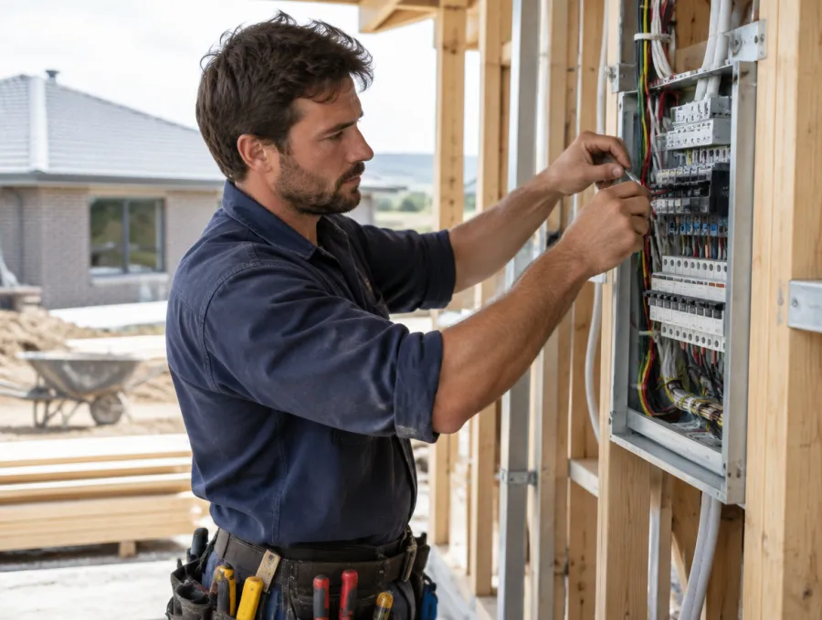 Electrician working on a switchboard on a building site