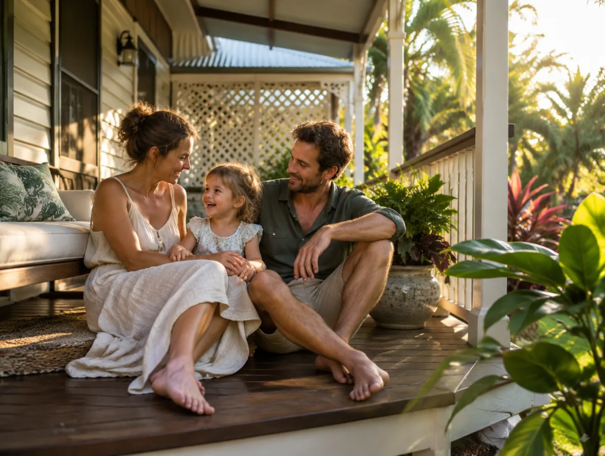 Family relaxing on the verandah of a Queenslander home